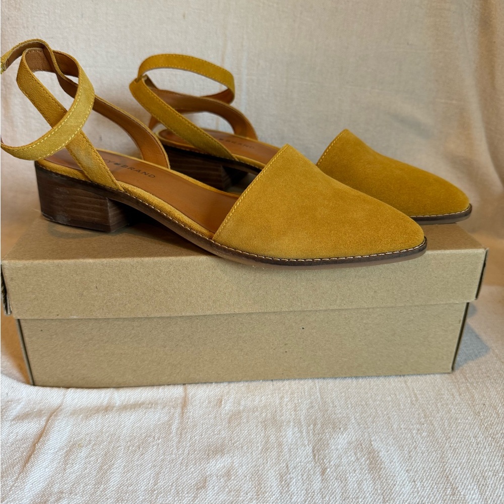 Yellow suede,  low heel, ankle strap ladies shoe